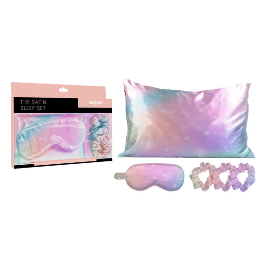 5-Piece Set: Silky Satin Sleep Mask with Pillowcase and Scrunchies